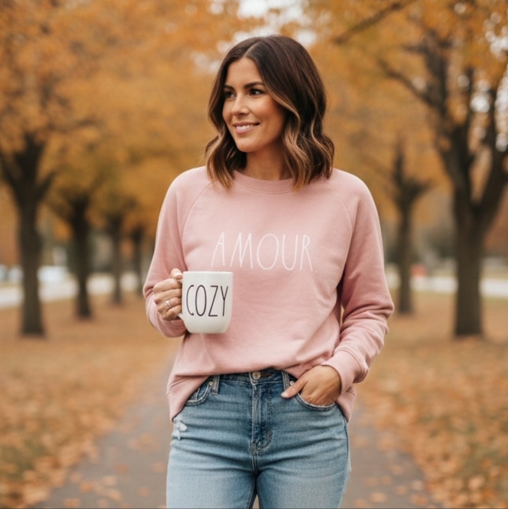 RAE DUNN Amour Pink Raglan Sweatshirt Large Soft Hi-Lo Hem Loungewear NEW